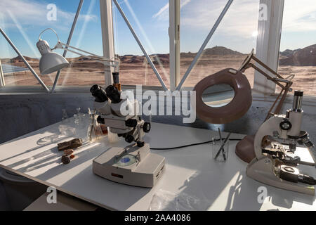 Hanksville, Utah - Researchers simulate living on Mars at the Mars Desert Research Station. They work on science projects in the habitat's science dom Stock Photo