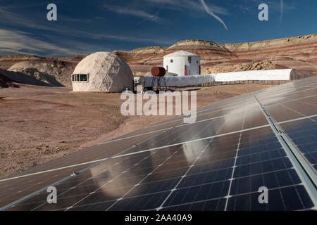 Hanksville, Utah - Researchers simulate living on Mars at the Mars Desert Research Station. A 15 kW solar system provides electricity to the station. Stock Photo