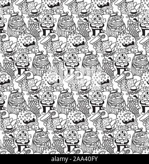 Group fashion aliens black and white seamless pattern. Monochrome vector illustration EPS8 Stock Vector
