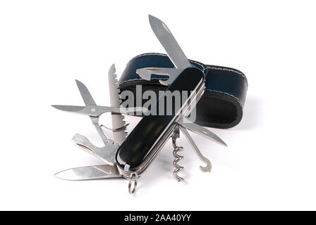 Black swiss army knife isolated on a white background. High resolution photo. Full depth of field. Stock Photo