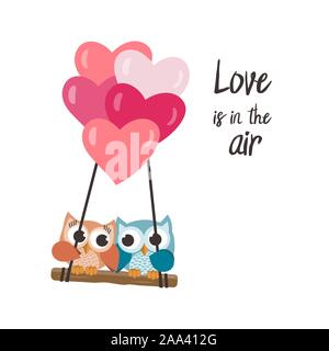 Valentine owls in love flying with balloons. Isolated vector illustration Stock Vector