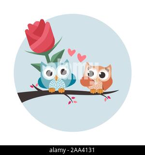 Valentine owls in love. Giving a big flower. Isolated vector illustration Stock Vector