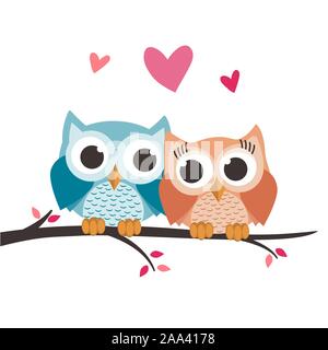 Valentine owls in love on a tree. Vector illustration Stock Vector