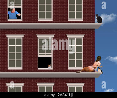 One cat owner is out on a ledge trying to save her cat while another cat owner considers the risks of going onto the ledge in this illustration about Stock Photo