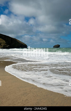 Wave breaking on Portreath beach in Cornwall, England UK. Stock Photo