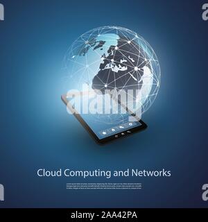 Cloud Computing and Global Networks Concept Creative Design with Earth Globe, Tablet PC - Illustration in Freely Editable Vector Format Stock Vector