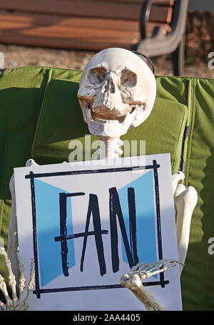 A fake human skeleton holding a sign that says 'FAN' at a high school football game in central Oregon. Stock Photo