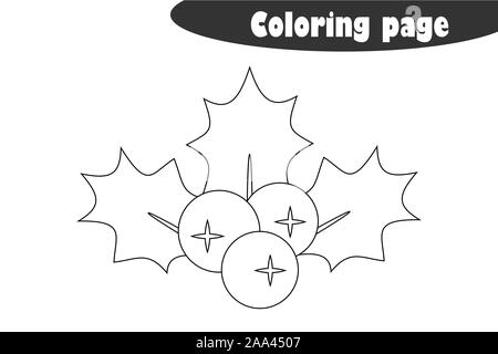 Holly berry in cartoon style, coloring page, christmas education paper game for the development of children, kids preschool activity, printable Stock Vector