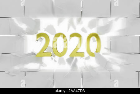 New Year 2020 concept with numbers crushing through a brick wall explosion 3d render illustration Stock Photo