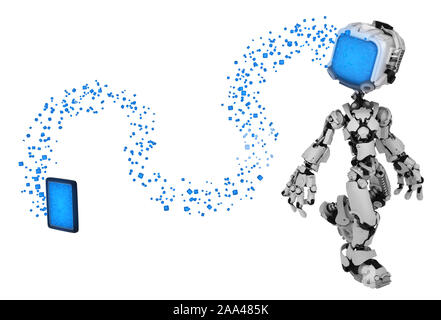 Screen robot figure character pose data stream transfer from tablet, 3d illustration, horizontal, isolated Stock Photo