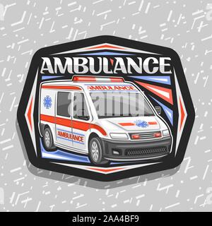Vector logo for Ambulance, black decorative badge with white van for emergency with red alarm flashers, original typeface for word ambulance, signboar Stock Vector