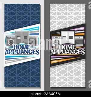 Vector layouts for Home Appliances, signage with illustration of washing machine, large fridge with screen, electric cooker, original lettering for wo Stock Vector