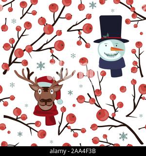 Seamless Christmas hawthorn pattern with deer and snowman face. Background for cards, textile, or wrapping paper. Vector illustration Stock Vector