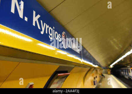 Delicias Metro station in Madrid seen with the names of the Australian national team tennis player Nick Kyrgios.Line 3 Metro Madrid stations have the names of the tennis players and the teams that will compete in the new Davis cup tennis tournament being held in Madrid for the first time.  It will start tomorrow Tuesday 19, Nov 2019. Stock Photo