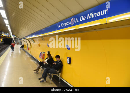 Delicias Metro station in Madrid seen with the names of the Australian national team tennis player Nick Kyrgios.Line 3 Metro Madrid stations have the names of the tennis players and the teams that will compete in the new Davis cup tennis tournament being held in Madrid for the first time.  It will start tomorrow Tuesday 19, Nov 2019. Stock Photo