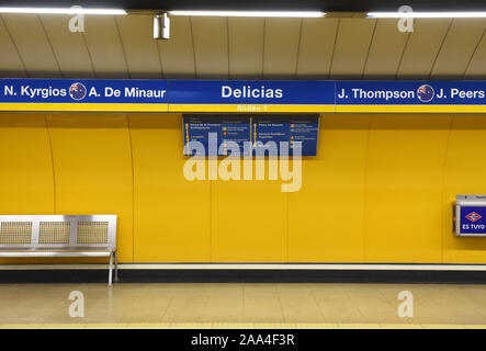 Delicias Metro station in Madrid seen with the names of the Australian national team tennis player Nick Kyrgios.Line 3 Metro Madrid stations have the names of the tennis players and the teams that will compete in the new Davis cup tennis tournament being held in Madrid for the first time.  It will start tomorrow Tuesday 19, Nov 2019. Stock Photo