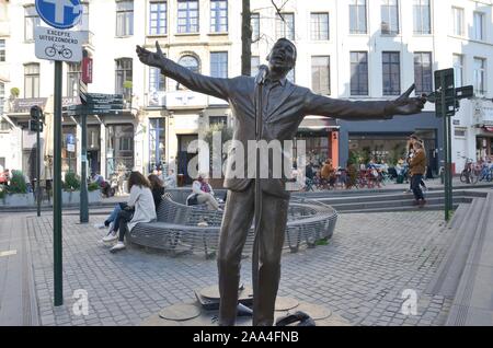 Brussels, Belgium - August 19, 2018: Bronze statue to the singer Jacques Brel, sculpted by the artist Tom Frantzen, in square of Brussels, Belgium. Stock Photo