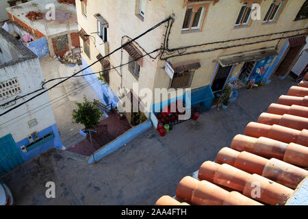 View of Chefchauen the blue pearl of Morocco from a terrace during the Fall season at noon. Stock Photo