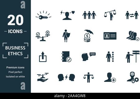 Business Ethics icon set. Include creative elements csr, trust, morality, license to work, profitability icons. Can be used for report, presentation Stock Vector