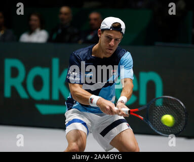 Diego Schwartzman of Argentina in action during the singles match against Cristian Garin of Chile on Day 2 of the 2019 Davis Cup at La Caja Magica. Stock Photo