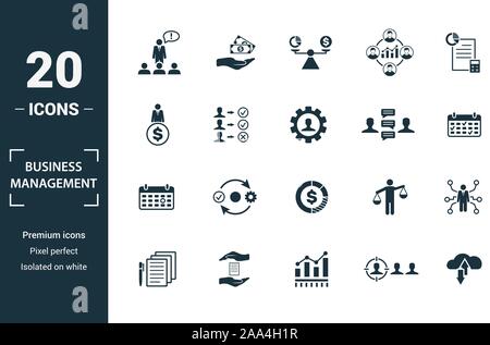 Business Management icon set. Include creative elements expert opinion, budget balance, sponsor, discussion, key event icons. Can be used for report Stock Vector