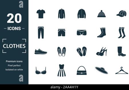 Clothes icon set. Include creative elements t-shirt, jacket, pants, socks, shoes icons. Can be used for report, presentation, diagram, web design Stock Vector
