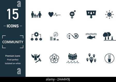 Community icon set. Include creative elements family, gender equality, infrastructure, life under water, peace and justice icons. Can be used for Stock Vector