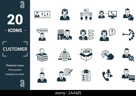 Customer Service icon set. Include creative elements agent console, case priority, satisfaction, helpdesk, knowledge base icons. Can be used for Stock Vector