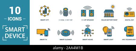 Smart Devices icon set. Include creative elements drone, smart car, smart house, solar battery roof, smart speaker icons. Can be used for report Stock Vector