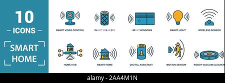 Smart Home icon set. Include creative elements digital assistant, robot vacuum cleaner, smart video control, smart light, home hub icons. Can be used Stock Vector