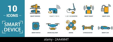 Smart Devices icon set. Include creative elements drone, smart car, smart house, solar battery roof, smart speaker icons. Can be used for report Stock Vector