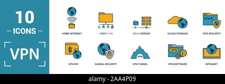 Vpn icon set. Include creative elements , archiving, site security, home server, cloud storage hacking icons. Can be used for report, presentation Stock Vector