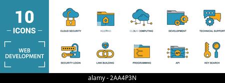Web Development icon set. Include creative elements key search, seo, cloud storage, cloud management, network connection icons. Can be used for report Stock Vector
