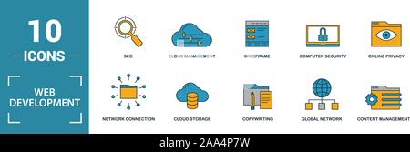 Web Development icon set. Include creative elements key search, seo, cloud storage, cloud management, network connection icons. Can be used for report Stock Vector