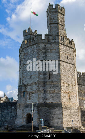 The Eagle Tower Caernarfon Castle in Caernarfon, a coastal town in Gwynedd North Wales. The location of the investiture of the Prince of Wales. Stock Photo