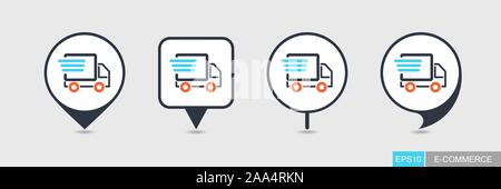Fast shipping delivery truck flat pin map icon. E-commerce sign. Map pointer. Map markers. Destination vector icon Stock Vector
