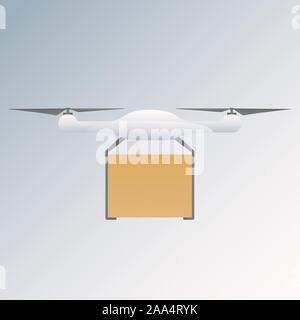 Package Delivery Drone. Concept illustration of a drone carrying a package. Unmanned drone with box of fragile cargo in realistic style design concept Stock Vector