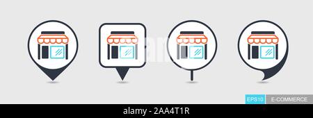 Store front isolated pin map icon. E-commerce sign. Map pointer. Map markers. Destination vector icon Stock Vector