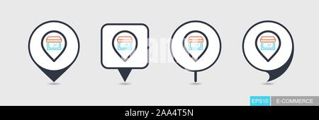 Supermarket store front pin map icon. E-commerce sign. Map pointer. Map markers. Destination vector icon Stock Vector