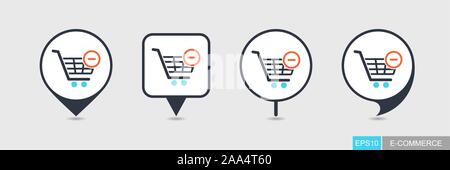 Shopping cart pin map icon with minus. Remove from cart. E-commerce sign. Map pointer. Map markers. Destination vector icon Stock Vector