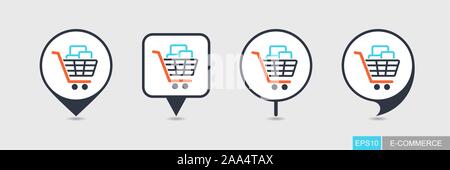 Shopping cart with boxes pin map icon. E-commerce sign. Map pointer. Map markers. Destination vector icon Stock Vector