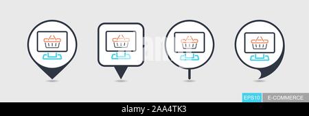 Computer display with shopping cart pin map icon vector. Online shoping basket symbol, logo illustration. Map pointer Stock Vector