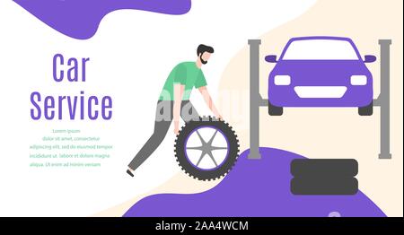 Car service vector illustration concept. Car, man, wheel, repair tools. Auto diagnostics center, automobile maintenance station. Tire service, sale of Stock Vector