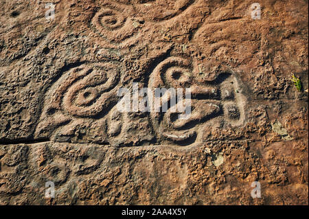 Rock paintings of ancient civilizations. Made by the aborigines of Central America by the Taino Indians. Includes ancient letters, signs and symbols. Stock Photo