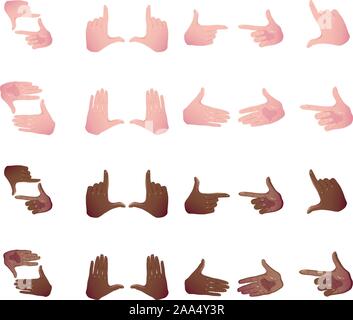 Big set black and white Hands making frame for video or photo. Various combinations of frames made from fingers. Cropping Gesture. Flat Framing horizontal, taking focus shooting like mobile camera. Stock Vector