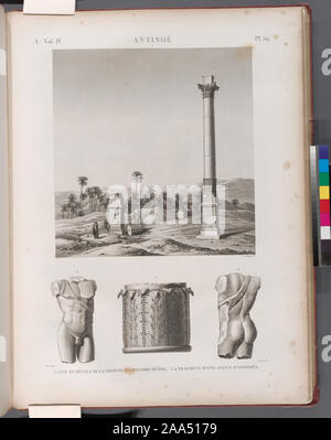 [Severus Alexander, Emperor of Rome, 208-235]; Antinoë [Antinoöpolis]. 1.2. Vue et détails de la colonne d'Alexandre Sévère; 3.4. Fragment d'une statue d'Antinoüs. Stock Photo