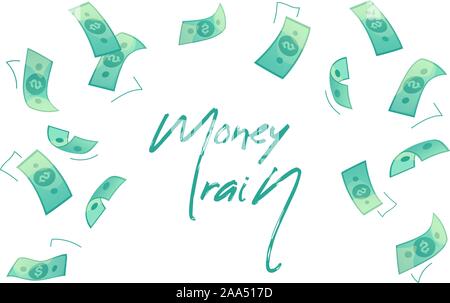 Money rain text isolated background vector. Falling banknotes in flat design. Getting maximum profit idea. Cash for all purposes. Credit, savings, charitable concept. Wealth dollars denominations rain Stock Vector