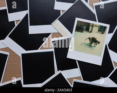 Set of retro photo frames Many polaroid on a cardboard background Vintage Pictures . Top view. Flat lay Stock Photo