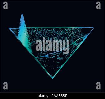 Color picture of rays of a sun by a decorative pattern, slope of mountain and fir-tree. All of it in a triangle. Stock Vector
