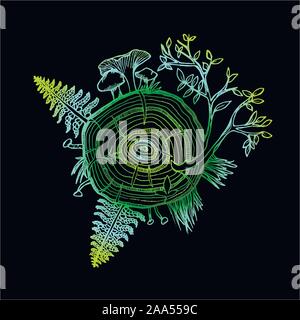 Neon drawing of the forest set. Fern, tree, mushrooms, grass. Stock Vector